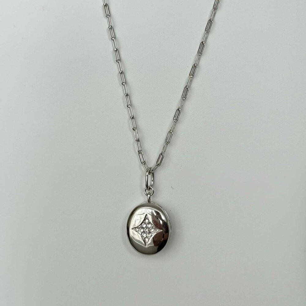 Touchstone Crystal Locket Necklace | Swarovski | Rhodium | 15–18” | NIB | $99
